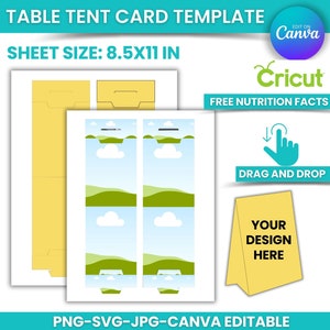 Modello di scheda tenda da tavolo, modello di etichetta alimentare, scheda tenda stampabile in formato Svg, biglietto di nota piegato, biglietto d'invito, Canva modificabile, trascina e rilascia