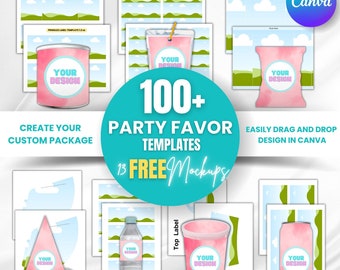 Paquete de plantillas editables de Canva para recuerdos de fiesta, plantilla digital de Canva para bolsas de papas fritas, kit de maquetas de etiquetas imprimibles, cumpleaños y baby shower.