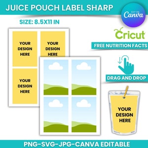 Puede incluir: Plantilla de etiqueta para bolsa de jugo imprimible con fondo amarillo y el texto "YOUR DESIGN HERE". La plantilla mide 8,5 pulgadas por 11 pulgadas e incluye cuatro etiquetas más pequeñas con un diseño de colina verde y cielo azul. La plantilla es editable en Canva.