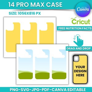 May include: Three yellow phone case templates with a cut-out for the camera lens. The templates are on a white background. Below the templates are three phone case designs with a blue sky, white clouds, and green hills. The designs are also on a white background. The text "14 PRO MAX CASE" is at the top of the image. The text "SIZE: 1056X816 PX" is below the text "14 PRO MAX CASE". The text "PNG-SVG-JPG-PDF-CANVA EDITABLE" is at the bottom of the image.
