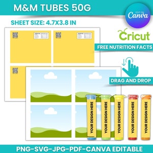 Puede incluir: Hoja imprimible con cuatro etiquetas que representan un paisaje de dibujos animados con colinas verdes, cielo azul y nubes blancas. La hoja está diseñada para tubos M&M y mide 4,7 x 3,8 pulgadas. La hoja es editable en Canva.