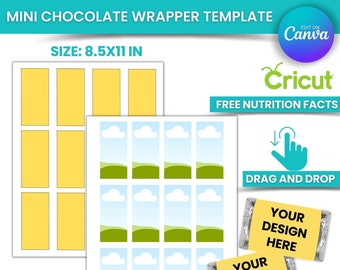 Modèle d’emballage de mini chocolat, modèle d’emballage de mini bonbons Canva Modèle modifiable avec des faits gratuits et un cadeau de logos