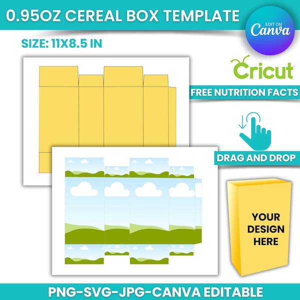 Cereal Box Template 0.95oz, Cereal Packaging Template, Canva, Cricut , PNG, SVG, , 8.5 x 11 sheet Instant Download, Printable
