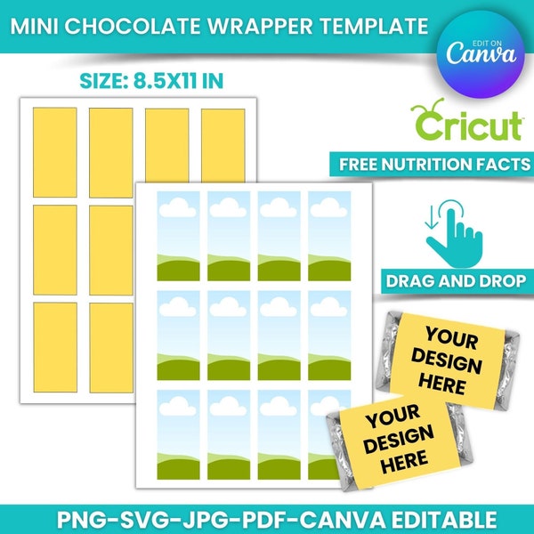 Mini Chocolate Wrapper Template, Mini Candy Wrapper Template Canva Editable template with free facts and logos gift