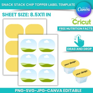 May include: Printable template for chip bag toppers. The template includes six round labels with a landscape design featuring a green hill, blue sky, and white cloud. The sheet size is 8.5x11 inches. The template is editable in Canva.