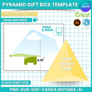 Peut inclure: Un modèle imprimable pour une boîte cadeau pyramidale. Le modèle est affiché sur un fond de grille bleue. La boîte mesure 5,75 pouces de large et est conçue pour être imprimée sur une feuille de papier de 8,5 par 11 pouces. Le modèle est modifiable dans Canva, Cricut, Silhouette et Adobe Illustrator.