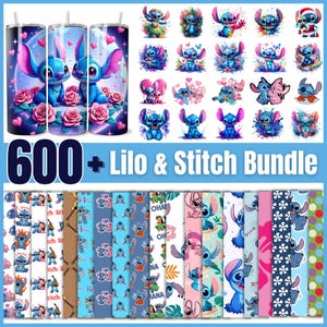 Op de afbeelding: Een digitale bundel met meer dan 600 Lilo & Stitch-themaontwerpen met verschillende patronen en afbeeldingen van de personages. De ontwerpen zijn perfect voor knutselprojecten, scrapbooking en meer.