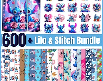 May include: A digital bundle of 600+ Lilo & Stitch themed designs featuring various patterns and images of the characters. The designs are perfect for crafting projects, scrapbooking, and more.