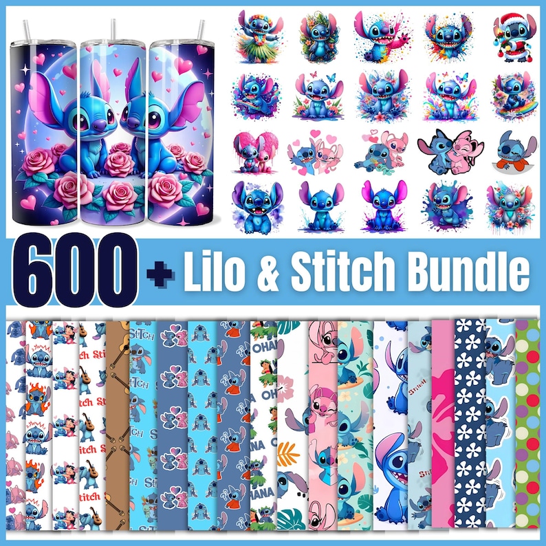 Op de afbeelding: Een digitale bundel met meer dan 600 Lilo & Stitch-themaontwerpen met verschillende patronen en afbeeldingen van de personages. De ontwerpen zijn perfect voor knutselprojecten, scrapbooking en meer.