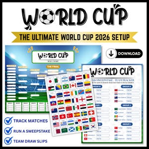 Könnte beinhalten: Ein digitales Set aus Wandtafel und Gewinnspiel-Tracker für die Weltmeisterschaft 2026. Die Grafiken zeigen einen Stadionhintergrund, einen Turnierbaum zur Spielverfolgung, ein Blatt mit internationalen Flaggen und Team-Zettel.
