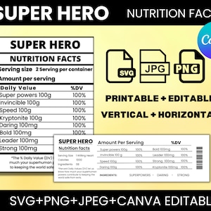 Superhero Nutrition Facts Label - Custom Label - Chip Bag - Water Bottle Label - Candy Label - Printable - Party Favor - Custom Favors,SVG