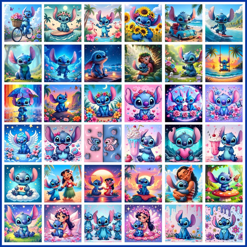 Może przedstawiać: Cyfrowy kolaż artystyczny przedstawiający 36 r&oacute;żnych obraz&oacute;w Stitch, niebieskiego kosmity z filmu Disneya Lilo & Stitch. Każdy obraz przedstawia Stitch w innej pozie lub scenerii, często z innymi postaciami z filmu. Obrazy są ułożone w siatkę, tworząc kolorowy i fantazyjny projekt.