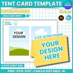 Modèle de carte de tente, 3 x 5 po après le pliage, modèle d'étiquette d'aliment, Svg de carte de tente imprimable, carte de correspondance pliée, silhouette, éditable sur toile, AI, DFX