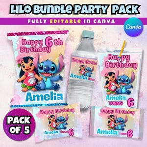 Bearbeitbares Lilo Birthday 5 Party Pack Bundle, Lilo & Stitch Partygeschenke, Chip Tasche, Wasserflasche, Ring Pop und mehr, Lilo Geburtstag einladen