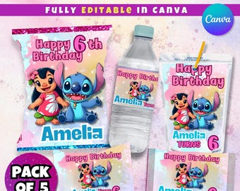 Editable Lilo Birthday 5 Party Pack Bundle, Lilo & Stitch Party Favors, Chip Bag, water Bottle, Ring Pop And More, Lilo Birthday Invite