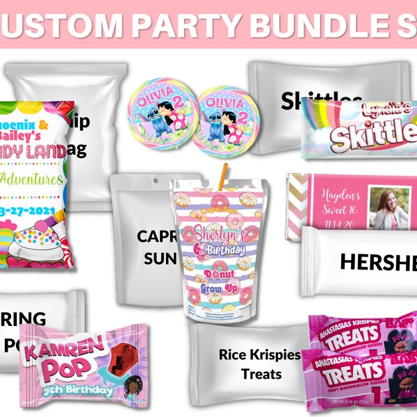 4 Custom Party Bundle Set, Custom Party Favors, Custom Birthday Labels, Custom Party Labels, Custom Chip bag Templates, Digital Download