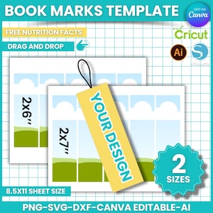 May include: A printable template for creating bookmarks with a landscape design featuring a blue sky, white clouds, and green grass. The template includes two sizes: 2x6 inches and 2x7 inches. The template is editable in Canva, and the file formats include PNG, SVG, DXF, and AI.