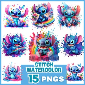 Op de afbeelding: Een set van 15 digitale afbeeldingen met Stitch uit Lilo & Stitch. Elke afbeelding toont Stitch in een andere pose en setting, met aquarel-achtige achtergronden. De afbeeldingen zijn perfect voor knutselen, scrapbooking of digitaal ontwerp.