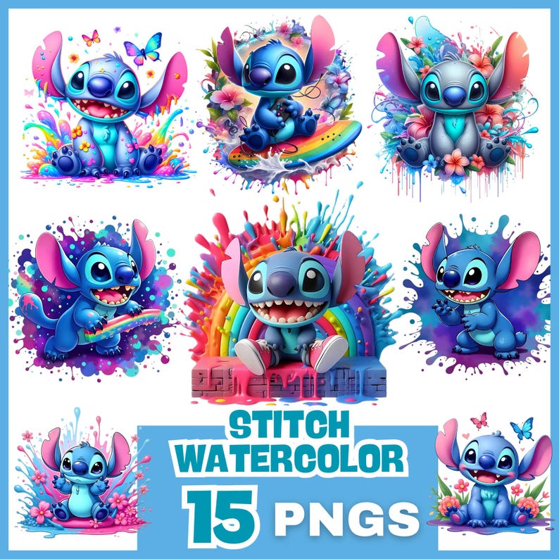 Op de afbeelding: Een set van 15 digitale afbeeldingen met Stitch uit Lilo & Stitch. Elke afbeelding toont Stitch in een andere pose en setting, met aquarel-achtige achtergronden. De afbeeldingen zijn perfect voor knutselen, scrapbooking of digitaal ontwerp.