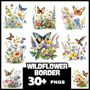 30+ PNG Wildflowers Border Clipart, Digital Clipart, Watercolor clipart, Transparent PNG, Digital download, Paper craft, junk journals