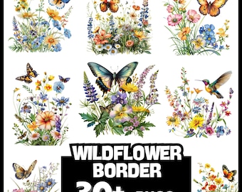 Clipart de bordure de fleurs sauvages : aquarelle florale PNG, Junk Journal (téléchargement numérique)