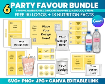 Party Favour Bundle Canva Template, Chip Bag Water Bottle Label, Chocolate Wrapper Juice Pouch, Printable Birthday Party Bag, Kids Party