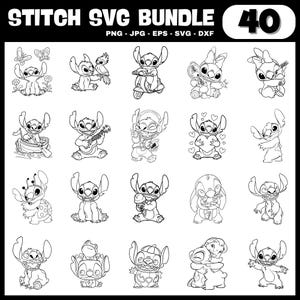 Puede incluir: Paquete SVG en blanco y negro con 20 ilustraciones de Stitch, el personaje de Disney, en varias poses. El texto "Stitch SVG Bundle" está en la parte superior, junto con las opciones de tipo de archivo y el número "40".
