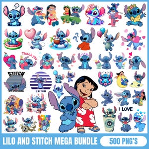 Op de afbeelding: Een grote verzameling van 500 digitale afbeeldingen met Stitch en Lilo uit de Disney-film Lilo & Stitch. De afbeeldingen tonen verschillende poses en gezichtsuitdrukkingen van Stitch, evenals afbeeldingen van Lilo en Stitch samen.