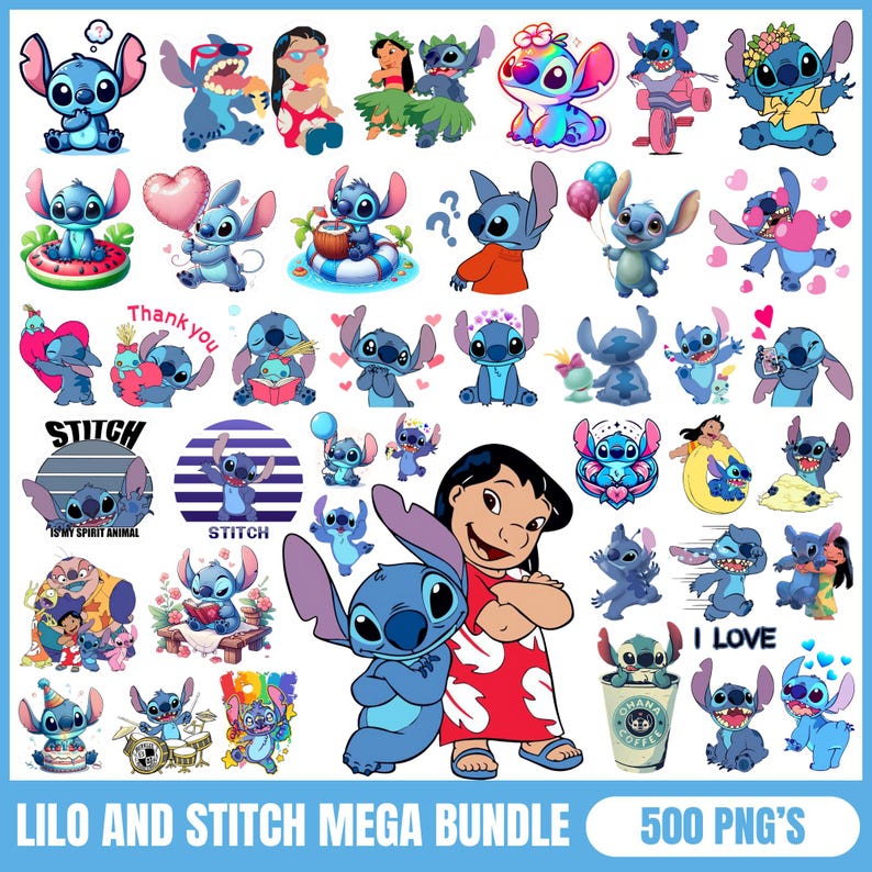 Op de afbeelding: Een grote verzameling van 500 digitale afbeeldingen met Stitch en Lilo uit de Disney-film Lilo & Stitch. De afbeeldingen tonen verschillende poses en gezichtsuitdrukkingen van Stitch, evenals afbeeldingen van Lilo en Stitch samen.