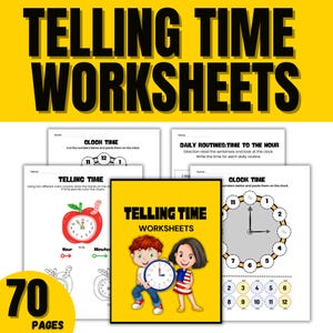 May include: A set of 70 printable worksheets for teaching children how to tell time. The worksheets feature colorful illustrations of clocks and hands, along with instructions for cutting, pasting, and drawing.