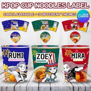 Kpop Demon Hunters, Cup Noodle Labels Ramyeon, Cosplay Party Huntrix Ramen, Rumi Mira Zoey, Kpop party, Printable pack, Halloween party