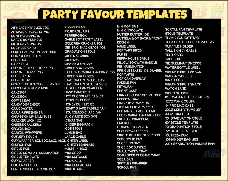 50000 Party Favor Templates Bundle Party Favors Gift Chip Bag Templates