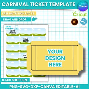 Karneval Ticket Vorlage, Konzertticket Vorlage, Canva bearbeitbare Vorlage, Ziehen und Ablegen, Zirkusticketetiketten, Sublimationssvg