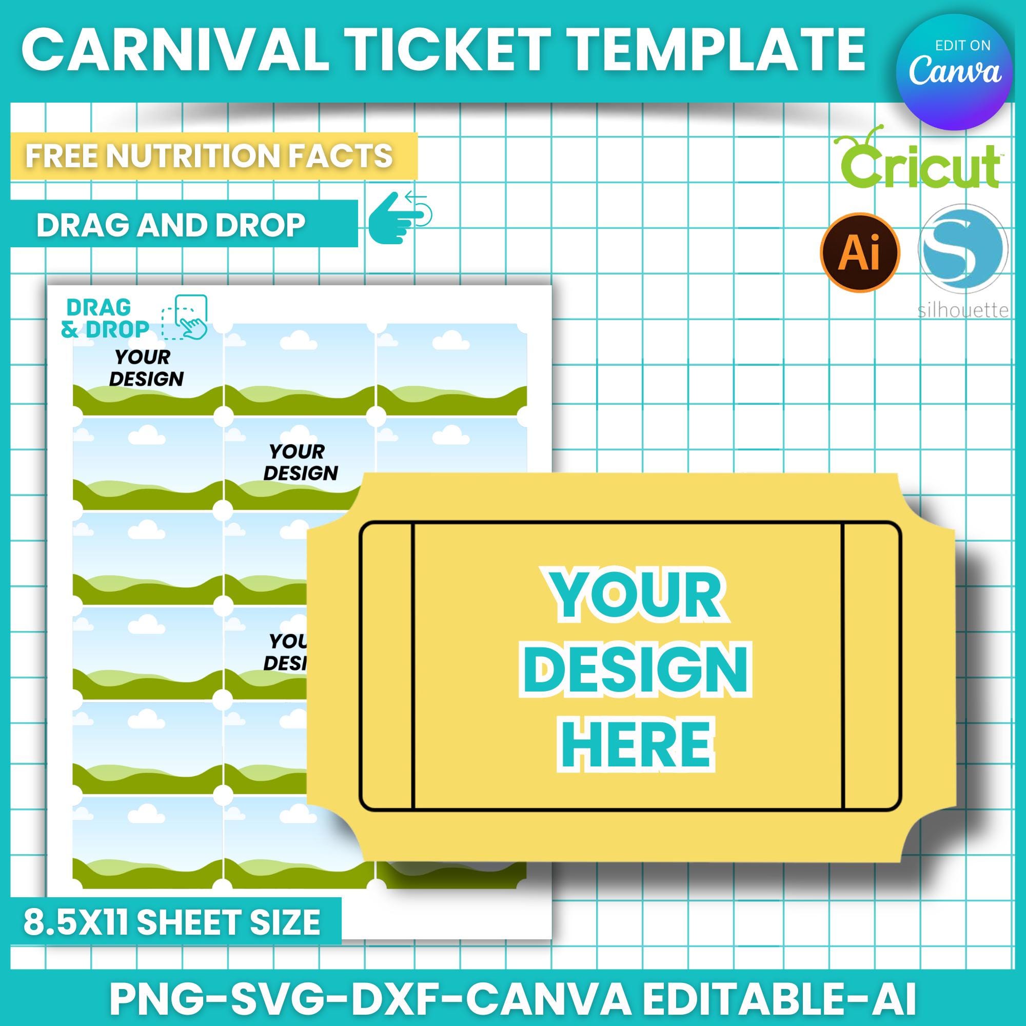 Carnival Ticket Template , Concert Ticket Template , Canva Editable Template , Drag and Drop , Circus Ticket Labels , Sublimation Svg