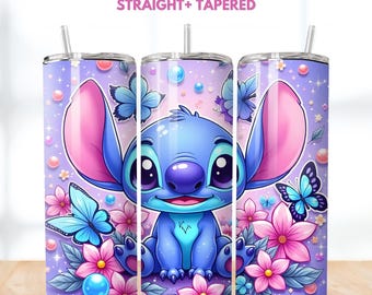 Stitch Floral Tumbler Wrap: aquarel sublimatieontwerp (digitaal png-bestand)