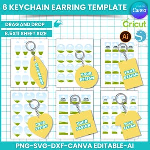 May include: A digital template for creating 6 keychain earrings. The template includes a variety of shapes, including a heart, a circle, a rectangle, and a t-shirt. The template is designed to be used with Cricut, Silhouette, and Canva. The template is 8.5 inches by 11 inches.