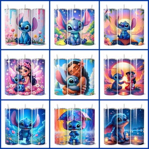 Może przedstawiać: Zestaw dziewięciu kubk&oacute;w ze stali nierdzewnej z r&oacute;żnymi wzorami Stitch z Lilo & Stitch. Wzory obejmują Stitch z kwiatami, Stitch z Moaną, Stitch z wr&oacute;żką, Stitch z parasolem i Stitch z gwiazdami.