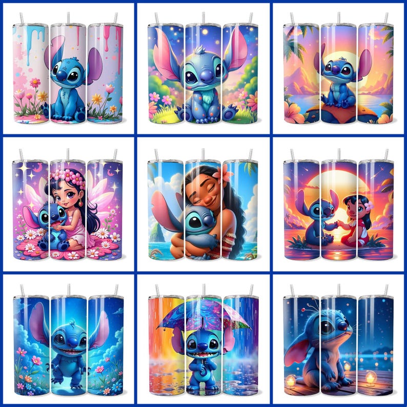 Może przedstawiać: Zestaw dziewięciu kubk&oacute;w ze stali nierdzewnej z r&oacute;żnymi wzorami Stitch z Lilo & Stitch. Wzory obejmują Stitch z kwiatami, Stitch z Moaną, Stitch z wr&oacute;żką, Stitch z parasolem i Stitch z gwiazdami.