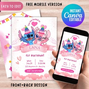 Stich and Angel Birthday inviatation | Editable Stitch Birthday Party Invite | Printable Invitation card | canva Editable Template