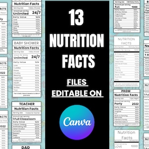13+ Informações nutricionais, modelos editáveis de informações nutricionais, modelo de informações nutricionais do Canva, informações nutricionais SVG, caneca de informações nutricionais, rótulos
