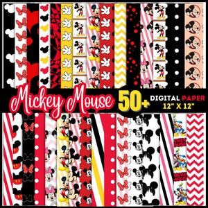 Puede incluir: Un conjunto de más de 50 papeles digitales con Mickey Mouse en varias poses y patrones. Los papeles miden 30,5 cm por 30,5 cm e incluyen los colores rojo, amarillo, negro, blanco y rosa.