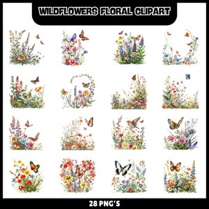 Puede incluir: Una colecci&oacute;n de 16 im&aacute;genes predise&ntilde;adas florales en acuarela con flores silvestres y mariposas. Las im&aacute;genes est&aacute;n dispuestas en una cuadr&iacute;cula y presentan varios arreglos florales con mariposas en vuelo. El texto "WILDFLOWERS FLORAL CLIPART" y "28 PNG'S" est&aacute; presente.
