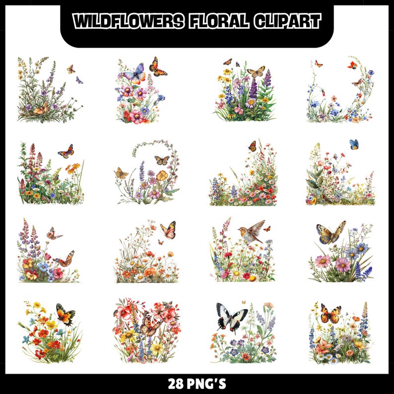 Puede incluir: Una colecci&oacute;n de 16 im&aacute;genes predise&ntilde;adas florales en acuarela con flores silvestres y mariposas. Las im&aacute;genes est&aacute;n dispuestas en una cuadr&iacute;cula y presentan varios arreglos florales con mariposas en vuelo. El texto "WILDFLOWERS FLORAL CLIPART" y "28 PNG'S" est&aacute; presente.
