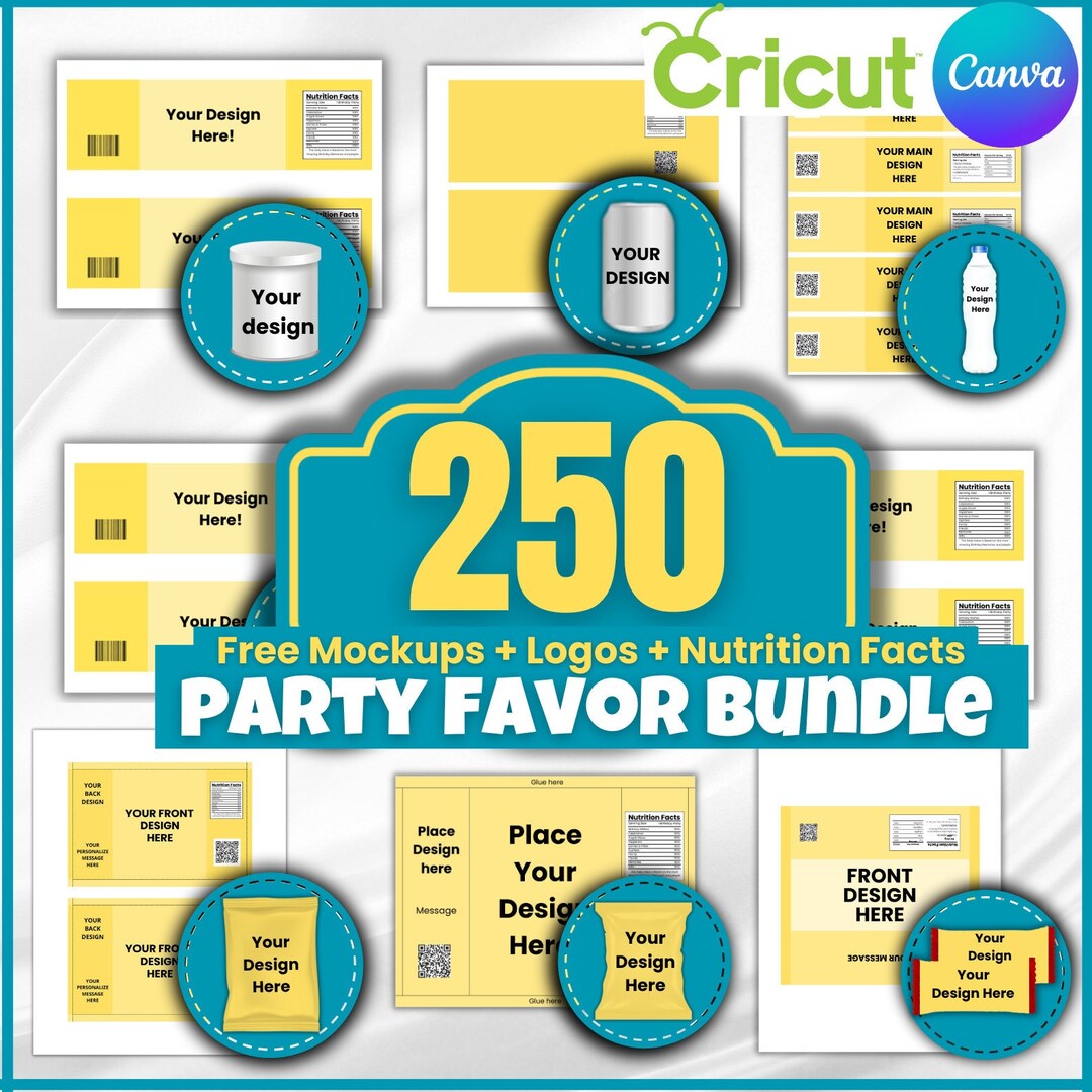 250 Party Favor Templates, Bundle Party Favors Gift Chip Bag Templates