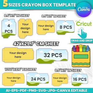 4st Crayon Box Template, 5 Wachsmalstifte Box Vorlage, Party Favor, Box svg, Wax Color pen Geschenkbox, Geschenkbox Vorlage, Canva Ziehen und ablegen