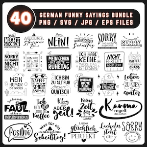 Puede incluir: Un paquete digital de 40 frases divertidas alemanas en formatos PNG, SVG, JPG y EPS. Los diseños en blanco y negro presentan varias frases y citas, perfectos para crear pegatinas, impresiones u otras manualidades.