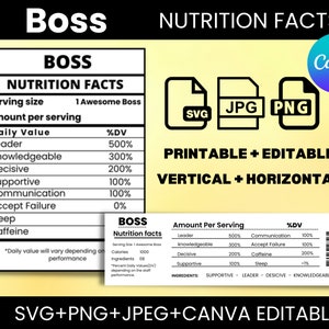 May include: A yellow and white printable nutrition facts chart for a "Boss" with categories like "Leader", "Knowledgeable", "Decisive", "Supportive", "Communication", "Accept Failure", "Sleep", and "Caffeine". The chart is labeled "Boss Nutrition Facts" and includes a percentage daily value for each category. The chart is also available in SVG, JPG, and PNG formats.