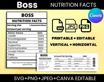Boss Nutrition Facts, SVG Nutritional Fact Label Template, Printable, PNG, SvG, Canva Editable