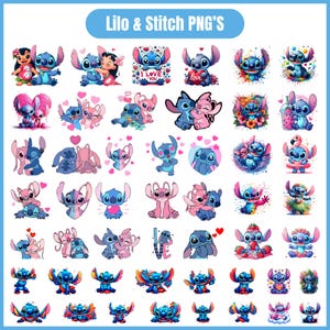 Op de afbeelding: Een verzameling van 48 digitale afbeeldingen met Stitch en Lilo uit de Disney-film Lilo & Stitch. De afbeeldingen tonen Stitch in verschillende poses en omgevingen, waaronder Stitch met een hart, Stitch met Lilo, Stitch met bloemen en Stitch met een flamingo. De afbeeldingen zijn in cartoon-stijl en perfect voor knutselprojecten, scrapbooking of digitaal ontwerp.