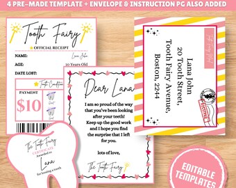 Pink Mini Tooth Fairy Set: Letter, Receipt, Envelope (Canva Editable, Instant Download)